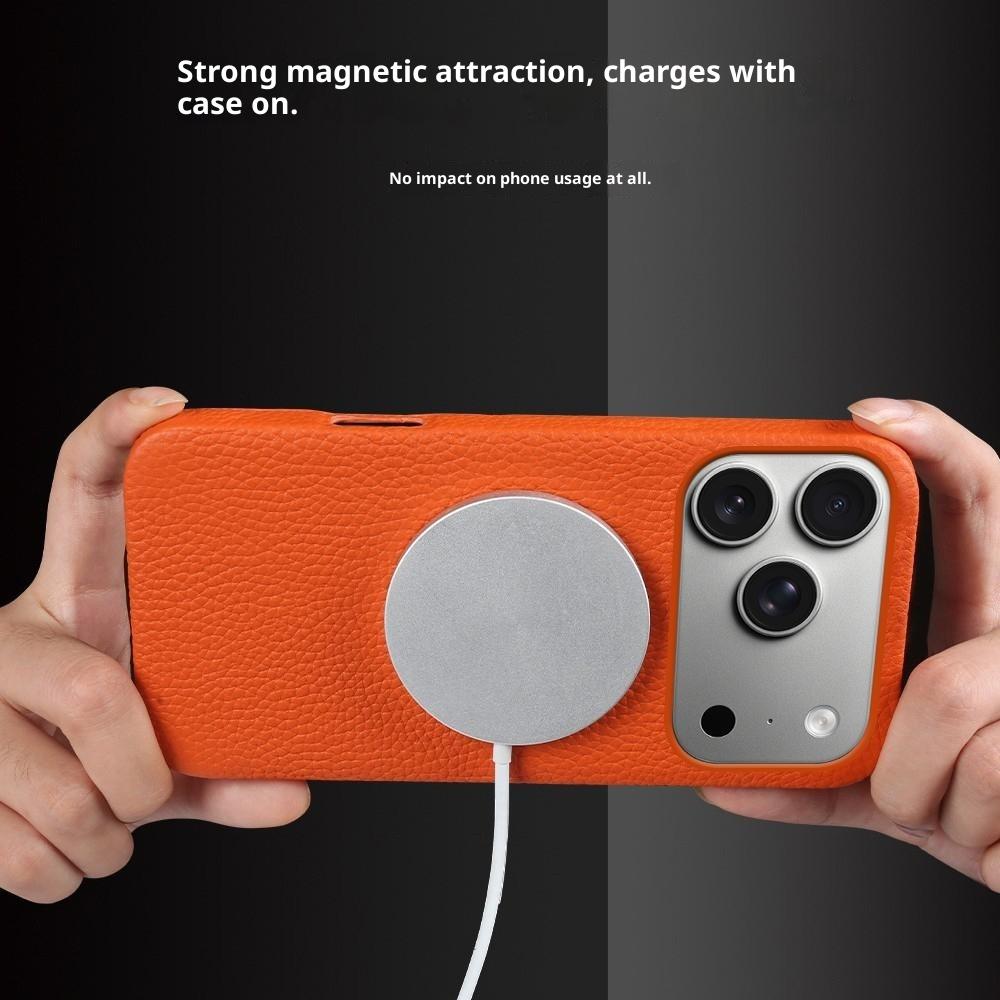 For iPhone 17 Pro Case Compatible with MagSafe Litchi Texture Genuine Cow Leather + PC Phone Cover