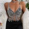 Women Acrylic Crystal Tassels Body Chain Sparkling Body Jewelry Backless Crop Tanks Top for Music Festival Party Outfit