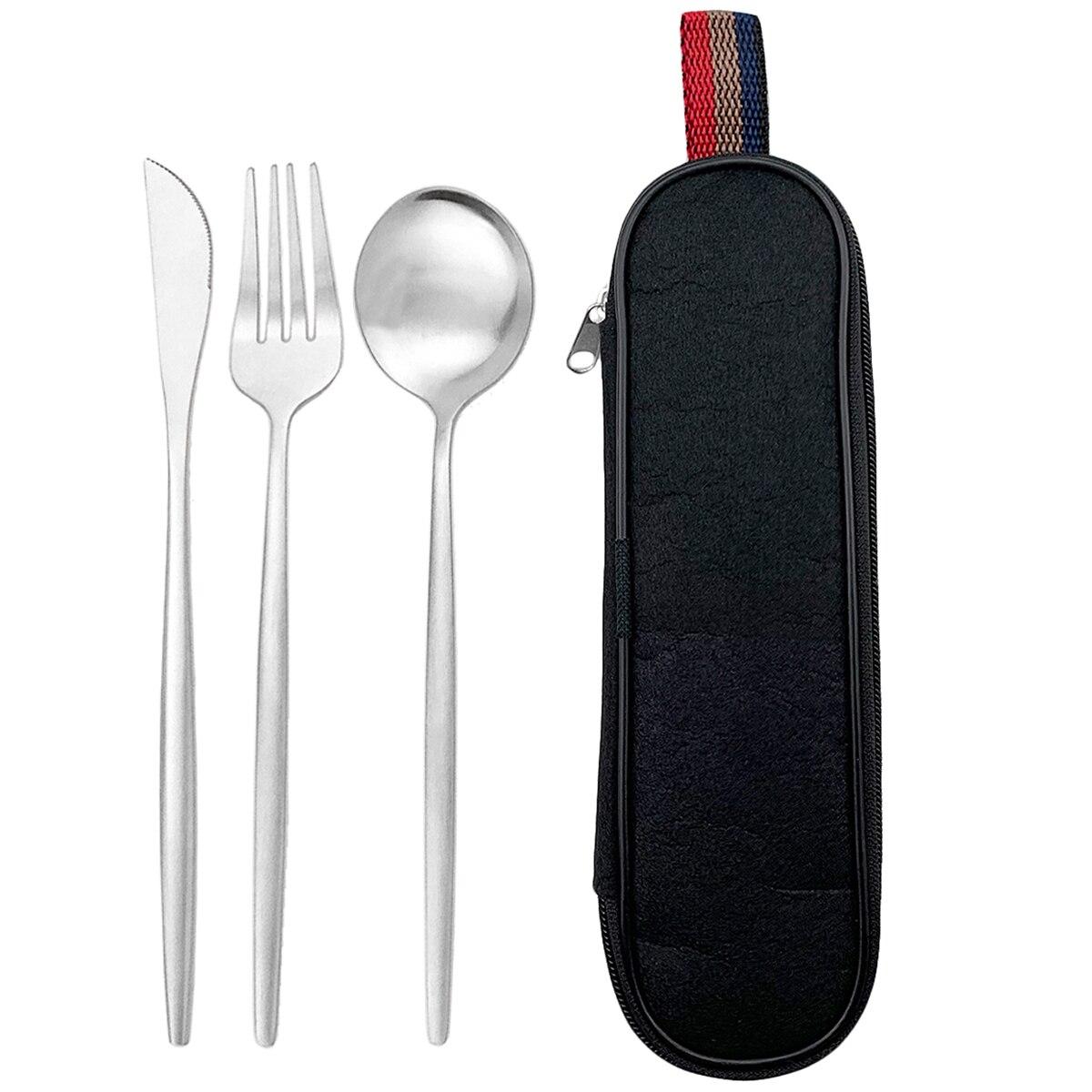 

Черный набор столовых приборов, набор посуды для кемпинга, портативный обеденный набор, нож из нержавеющей стали, вилка, ложка, посуда с сумкой для хранения серебряный