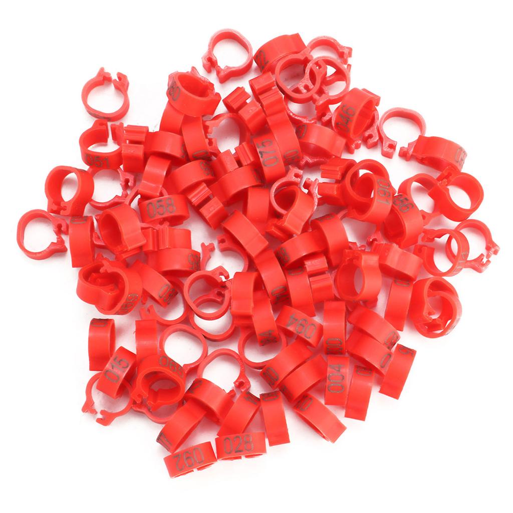 100 STK/pose 8MM 001-100 Nummererte Plast Brevdue Bird Ben Band Ringer(rød)