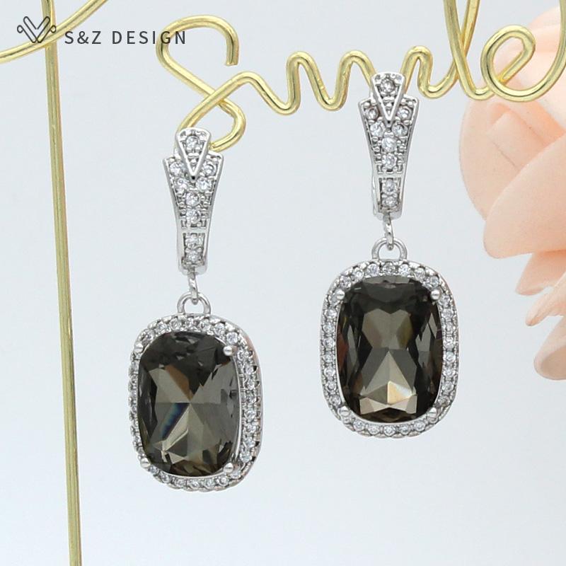 Fashion Elegant Rectangle Crystal Drop Earrings For Women Wedding Rose Gold Color Cubic Zirconia Eardrop Jewelry