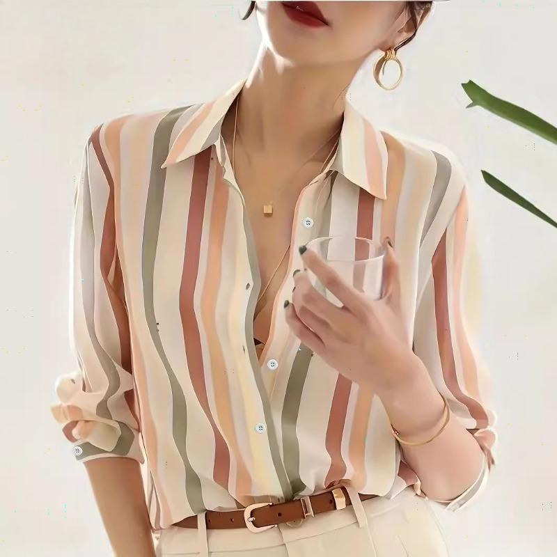 Women's Fashion Casual Spring Fall Stripe Print Long Sleeve POLO Neck Blouses & Shirts
