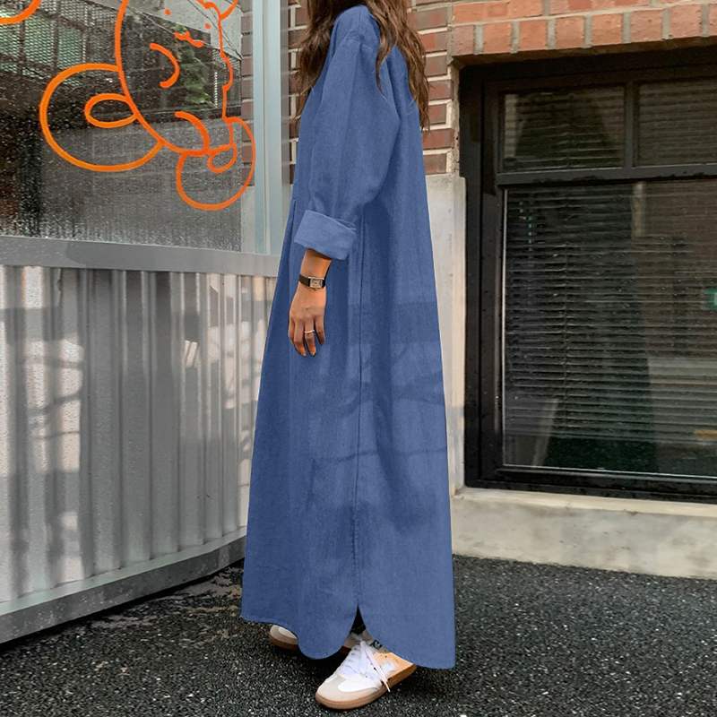 Elegantní módní dámské oblečení, neutrální styl, dlouhý rukáv, klopa, kardigan, jednobarevné, dlouhé džínové, ležérní šaty