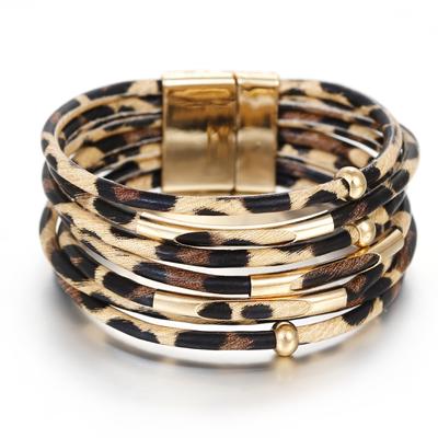 Bracelet Tube Métal Vintage Cuir Léopard pour Femmes Hommes Boho Multicouche Enroulé Large Bracelets et Joncs Bijou Charme