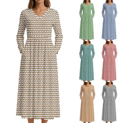 Dress For Women Long Boho Beach Dress Elegant Maxi Dress V-Neck Long Sleeve Dress With Pockets