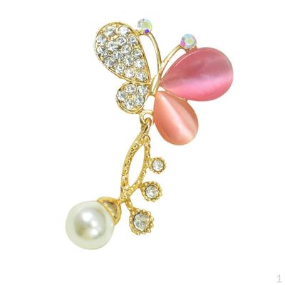 Women Alloy Pearl Crystal Opal Butterfly Brooch Lapel Pin Collar Tips Pink