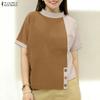 Women Casual Stand Collar Short Sleeve Patchwork Tee Shirts