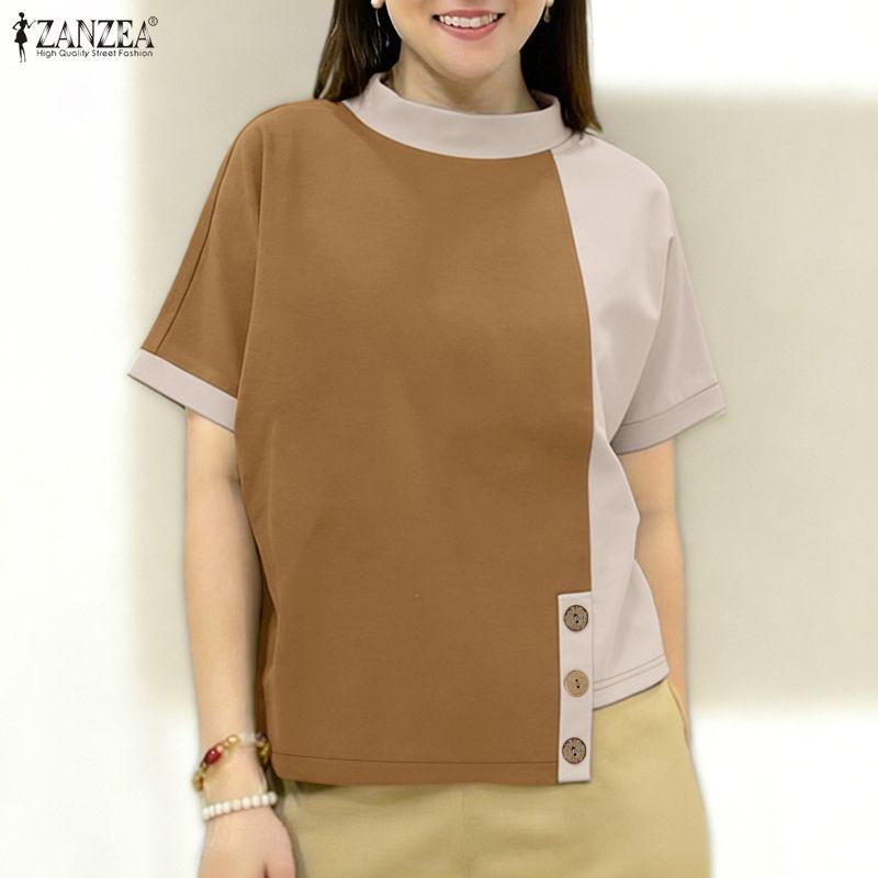 ZANZEA Women Casual Stand Collar Short Sleeve Patchwork Tee Shirts