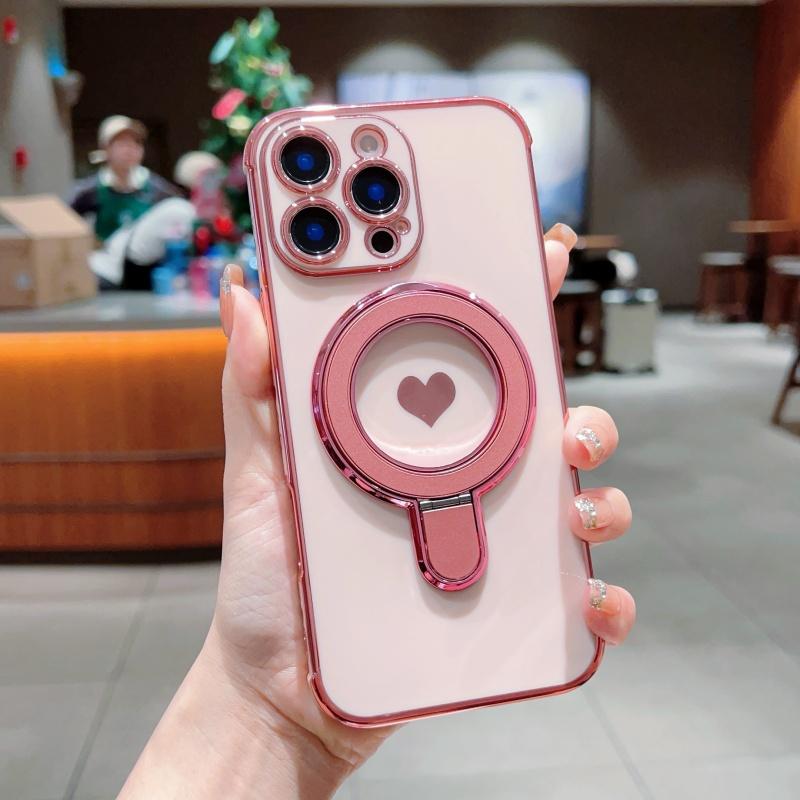 For Magsafe Plating Love Heart Bracket Wavy Case For iPhone 17 Air 16E 15 14 13 12 11 8 Pro Max Plus Magnetic Stand Holder Cover