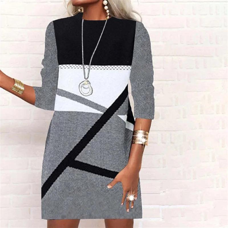 Autumn Women's Fashion Round Neck Slim Fit Long Sleeve Printed A-Line Dress Plus Size Elegant Dress Top