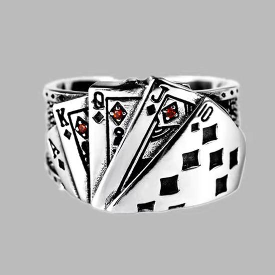Anello Unisex Retro Carte da Gioco Anello Aperto Regolabile Poker Inciso Gioiello per Festa