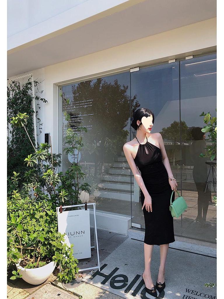 Black Off-Shoulder Halter Dress - Slim Waist & Long Skirt