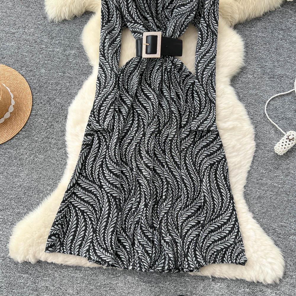 Royal Sister Fan High-end Feeling with Belt Waist Dress Women's Autumn Light and Thin Temperament Drape Print Dress