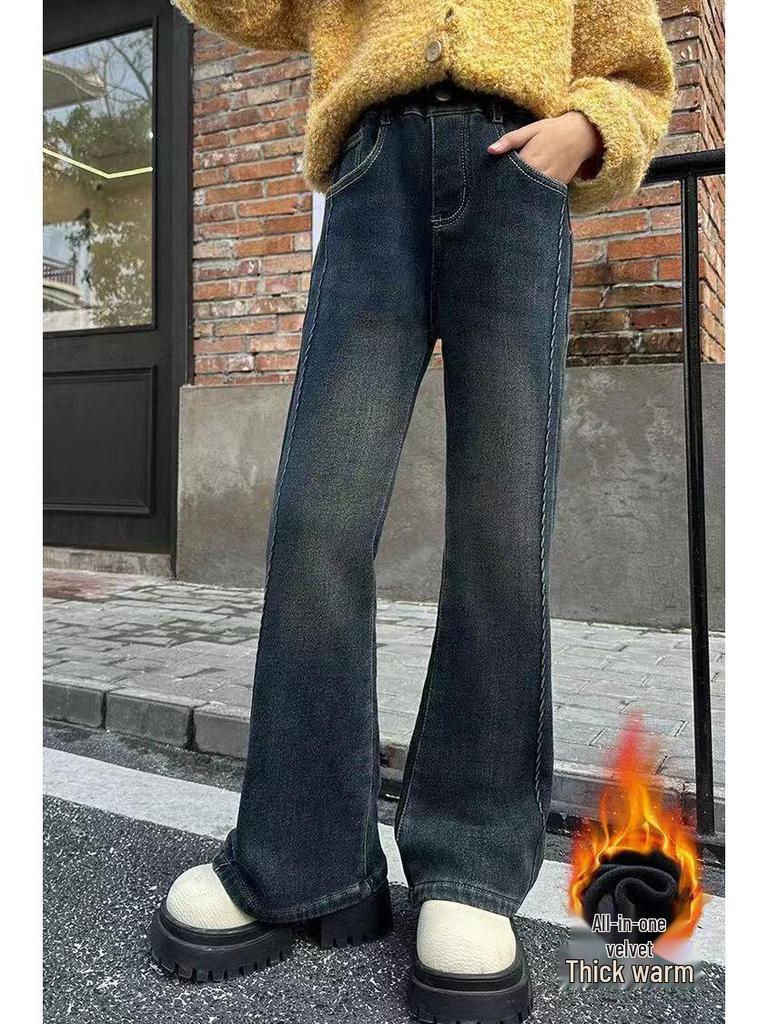 Girls' Plus Velvet Flared Pants - Stylish Slim Fit Autumn/Winter Jeans for Older Children and Students