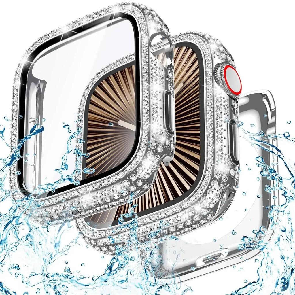 Bling Glass+Cover Case Diamond PC Bumper+Screen Protector For Apple Watch 45mm 44mm 40 41mm Iwatch Series 10 46mm 42mm 9 8 7 5 6
