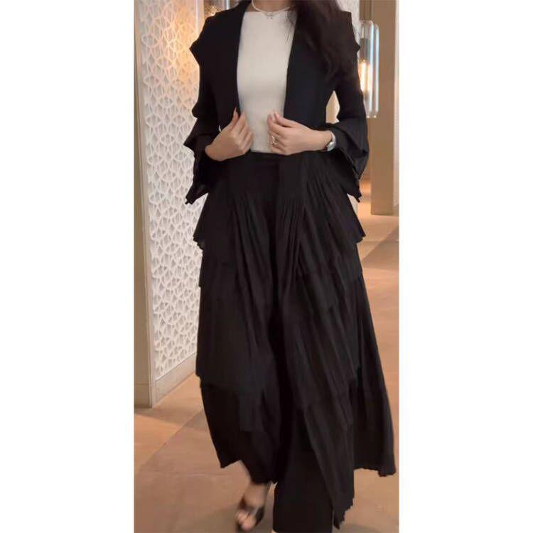Gray Pleated Ruffle Trim Long Blazer Coat - 2024 Spring/Summer Fashion Trend for Women