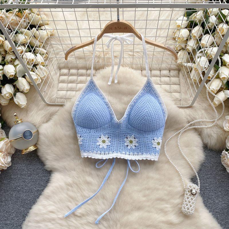 Fresh Crocheted Open Back Sling Bottoming Shirt Halterneck