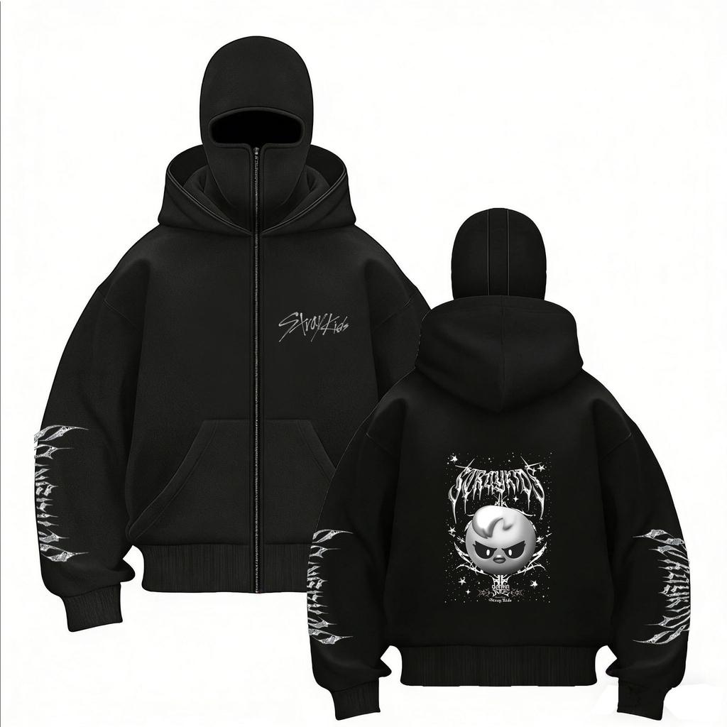 Stray Kids Skz Harajuku Printed Stray Kids Double Hood Zip-Up, Harajuku Print SKZ Hoodie for STAY Two-hat Zip-up Shirt for Men and Women
