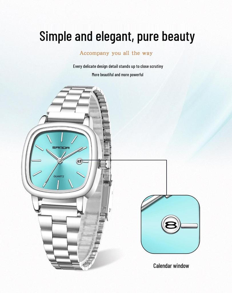 Sanda Fashionable Couple's Waterproof Quartz Watch with Calendar - Steel Strap, Square Design, Simple Bar Index