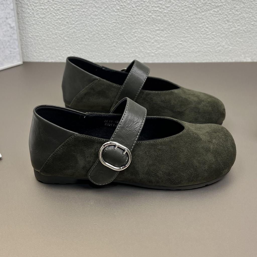 Leopard print retro Mary Jane single shoes women's autumn new round head one-word buckle flat bottom two wear ballet small leather shoes