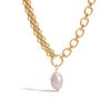 Modern 18K Gold Plated Stainless Steel Freshwater Pearl Pendant with Link Chain Tassel Linear Asymmetric Necklace for Women