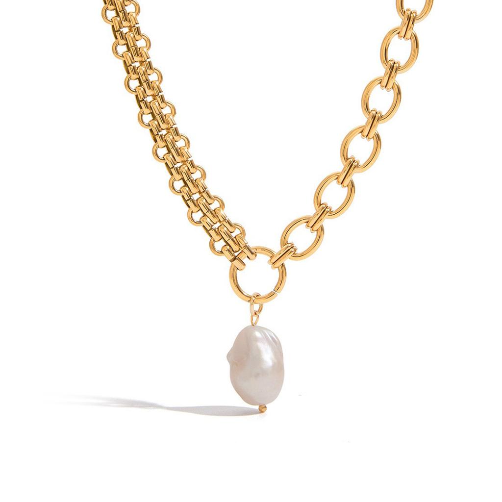 Modern 18K Gold Plated Stainless Steel Freshwater Pearl Pendant with Link Chain Tassel Linear Asymmetric Necklace for Women