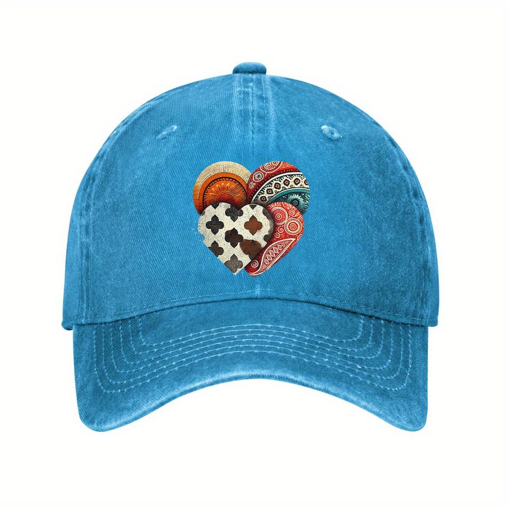 Boho Heart Print Baseball Cap Distressed Cotton Dad Hat Casual Adjustable Unisex
