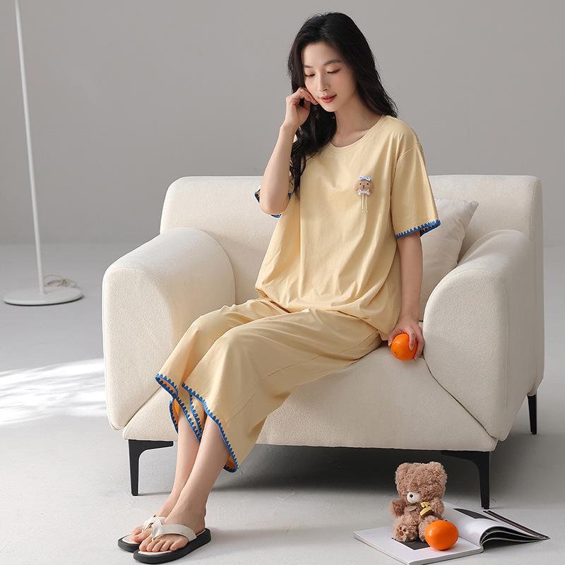 Women's Pure Cotton Pajama Set with Built-in Bra, Short Sleeve Top & 7/8 Pants - Sweet Summer Homewear.
