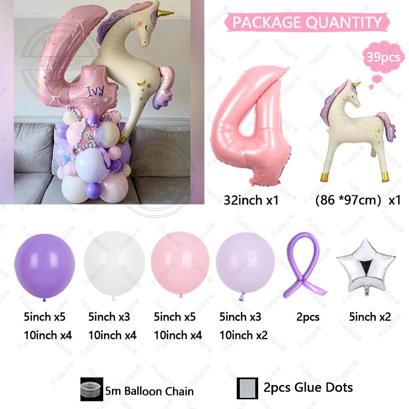 39pcs Cartoon Unicorn Balloon Pink Numbers 1-9 Birthday Balloon Set Cartoon Animal Theme Party Decoration Photo Background