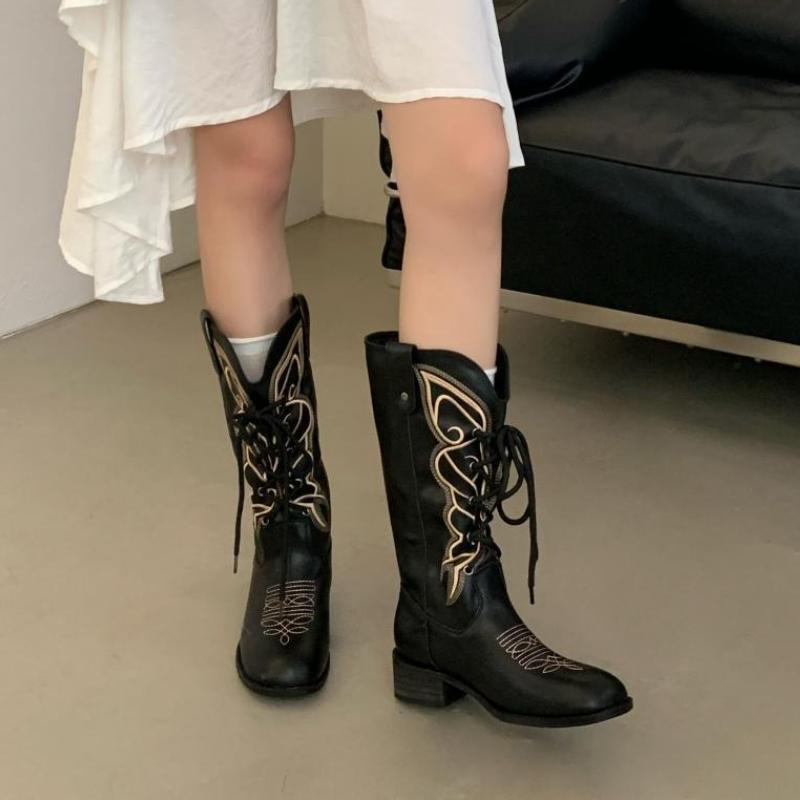 Fashion Retro Butterfly Embroidery Wedges Ankle Boots Women Fashion Rivet Sewing Lace Up Mid Calf Boots Luxury Cozy Brand Designer Boots