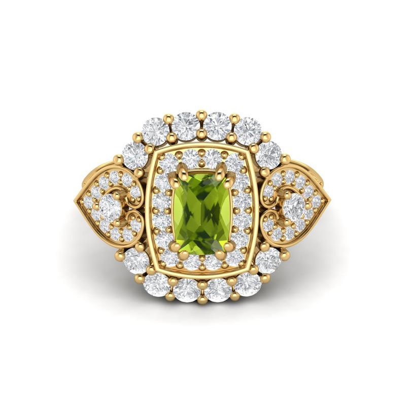 6X4MM Cushion Peridot Gemstone 925 Sterling Silver Gold Plated Solitaire Halo Women Engagement Ring