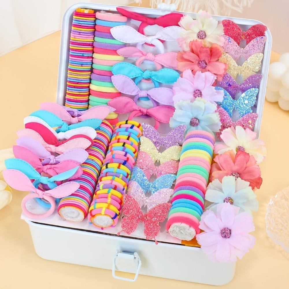 Colorful Flowers Butterfly Girls Hair Accessories Set Glitter Ponytail Holders Kids Hair Styling