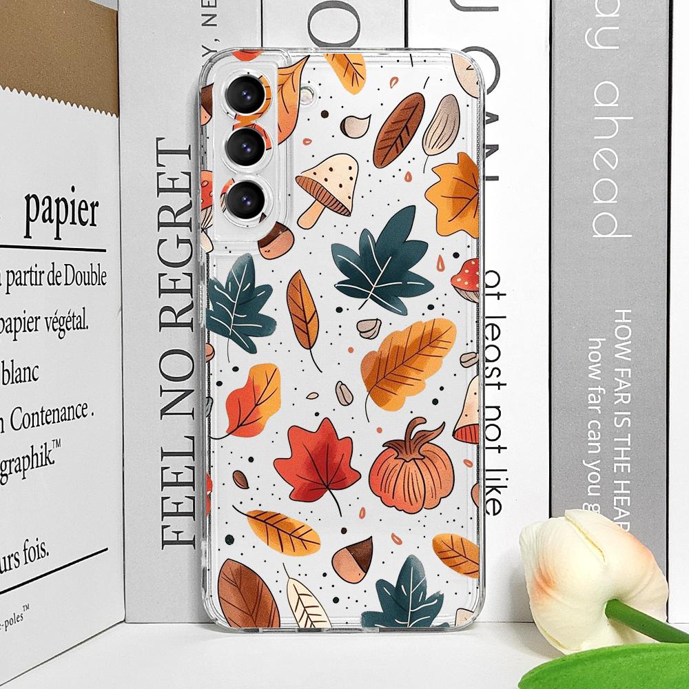 Autumn Maple Leaf Pumpkin Print Clear Phone Case for Samsung Galaxy S25 Ultra S24 S23 S22 S21 Plus S20 FE 5G Soft Silicone Cover
