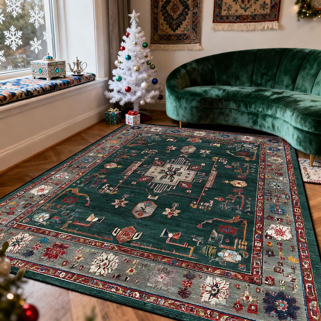 Green Christma Style Living Room Carpet Persian Retro Decoration Christma Tree Side Plush Rug Bedroom Easy Clean Soft Floor Mat