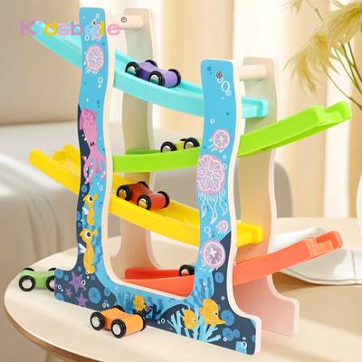 Kinder Montessori Rampenrennauto 4-spurig mit 6 Mini-Holzautos DIY Bausteine Cartoon-Strecke Gleitauto Spiel Geburtstagsgeschenk