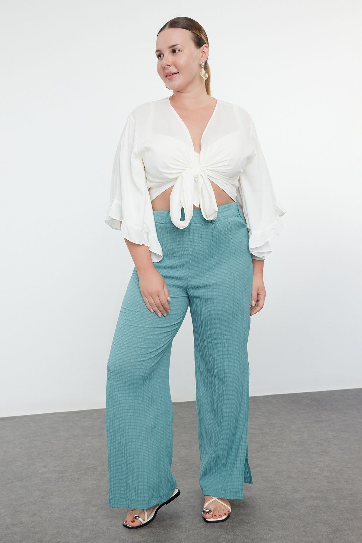 

Women s Fashion Blue Slit Detailed High Waist Wrapped Wide Leg Beach Wear Woven Trousers XL