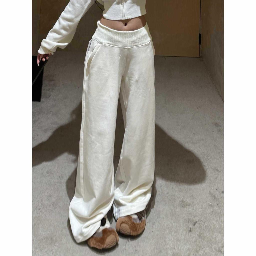 Beige Straight Leg Women's Sweatpants with Zippered Pockets - Spring/Autumn Wide Leg Casual Pants
