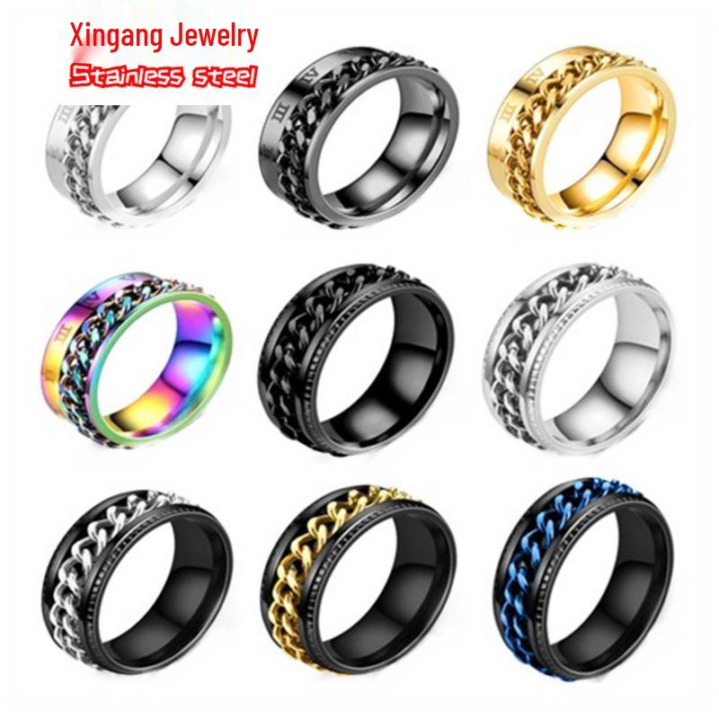 Stainless Steel Roman Numeral Rotating Ring - Titanium Chain Band