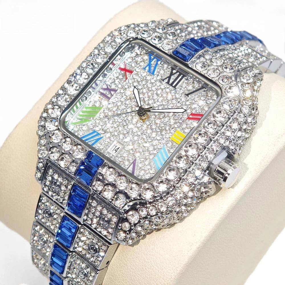 Men Quartz Watch Fashion Rainbow Digital Rome Dial Calendar Waterproof Hip Hop Diamond Wristwatch For Man Gift