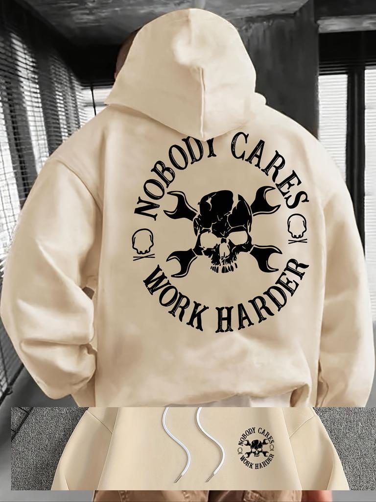 Herren-Trainingskapuzenpullover, „Niemand kümmert's, arbeite einfach weiter hart“, Totenkopf-Schraubenschlüssel-Aufdruck, locker geschnittenes Sweatshirt im Streetwear-Stil, lässiger Trainingspullover.