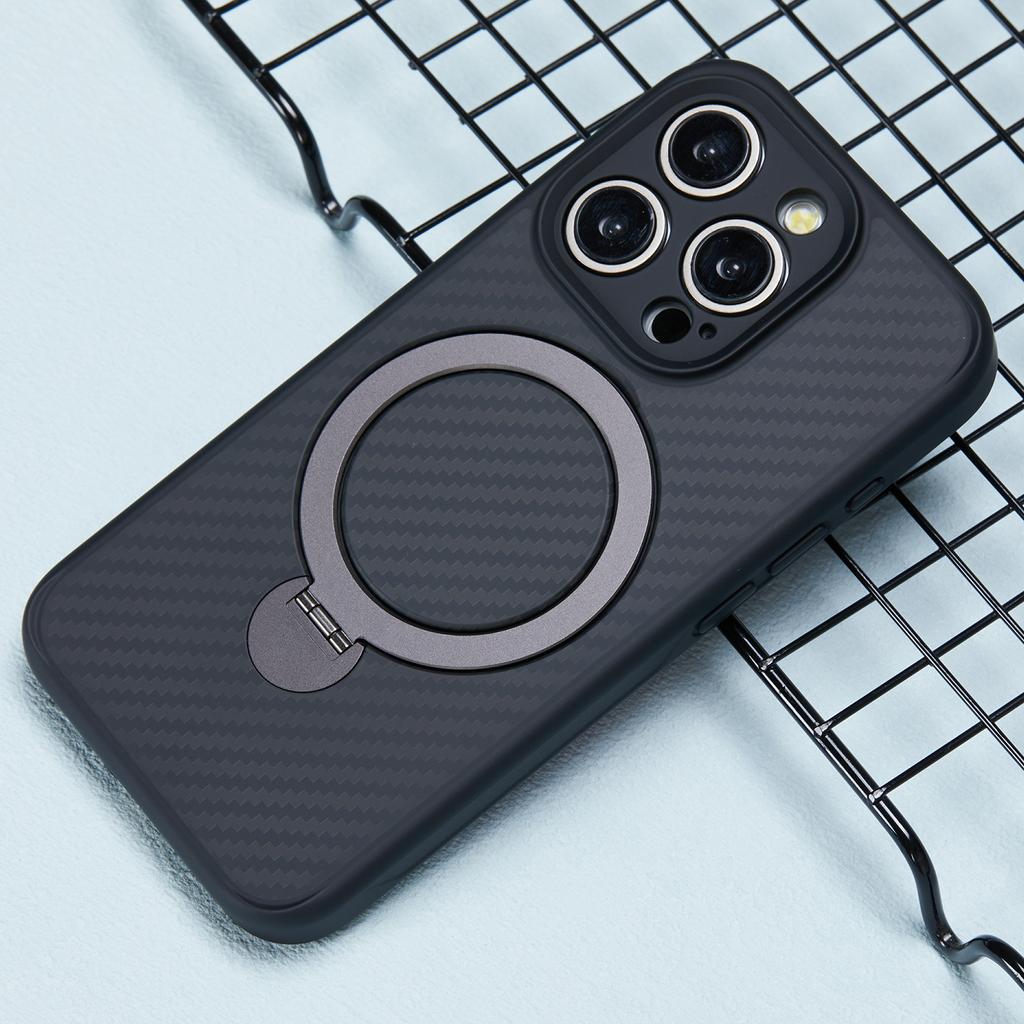 For iPhone 15 Pro Case Hidden Magnetic Kickstand TPU+PC Phone Cover Carbon Fiber Texture