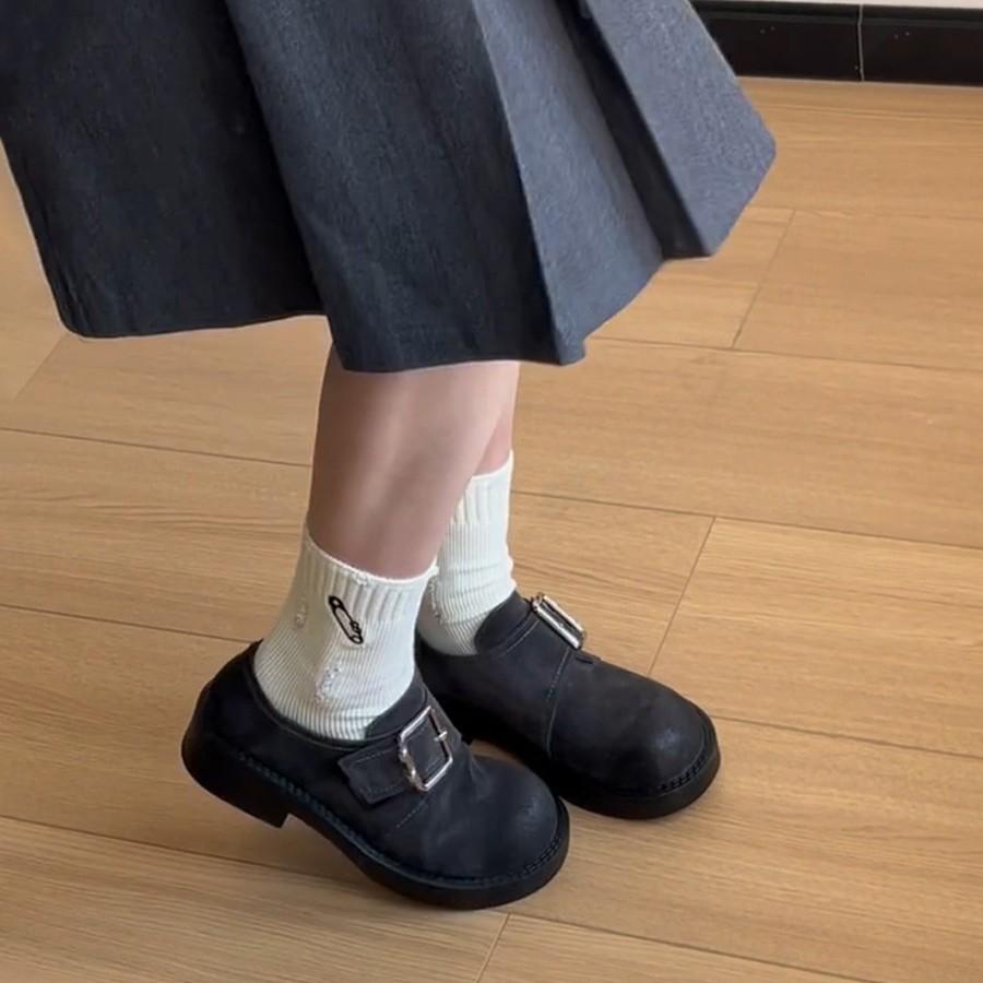 Cowhide version~ thick sole Velcro round head loafers retro belt buckle single shoes women's thick heel small leather shoes Birkenstocks