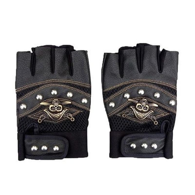 PU Leather Skull Punk Black Driving Motorcycle Biker Fingerless Tactical Gloves Mens Womens Gloves