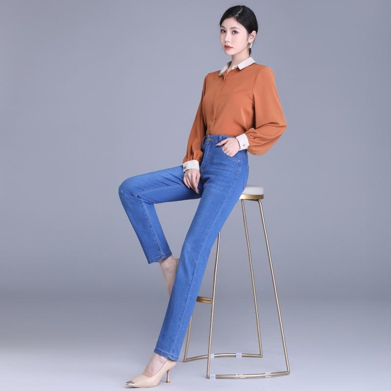 Straight Leg Stretch Jeans Women's High Waist Slimming Middle-aged Women Slim Casual Pants