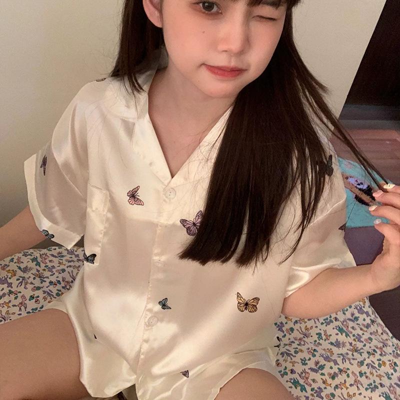 Spring And Summer Ice Silk Pajamas Women'S Short-Sleeved Shorts High-End Butterfly Printing Loungewear Can Be Worn Outside