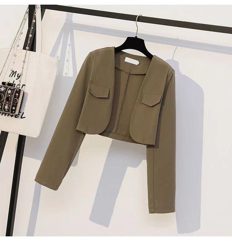 Women's Plus Size Skirt Suit Set - Spring/Autumn 2024, Slimming Two-Piece: Fashion Coat & Suspender Dress