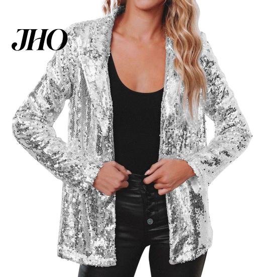 Sequin Outerwear Women's Jacket Shiny Open Front Blazer Evening Women Party Sparkly Long Sleeve Cardigan Coat with Pockets Elegant