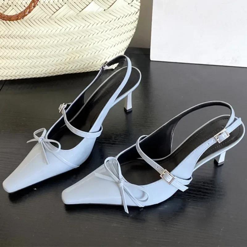Fashion Sweet Bow Decorative High Heels Women Summer Sexy Pointed Toe Back Buckle High-heeled Sandals Elegant Shallow Banquet Dress Shoe