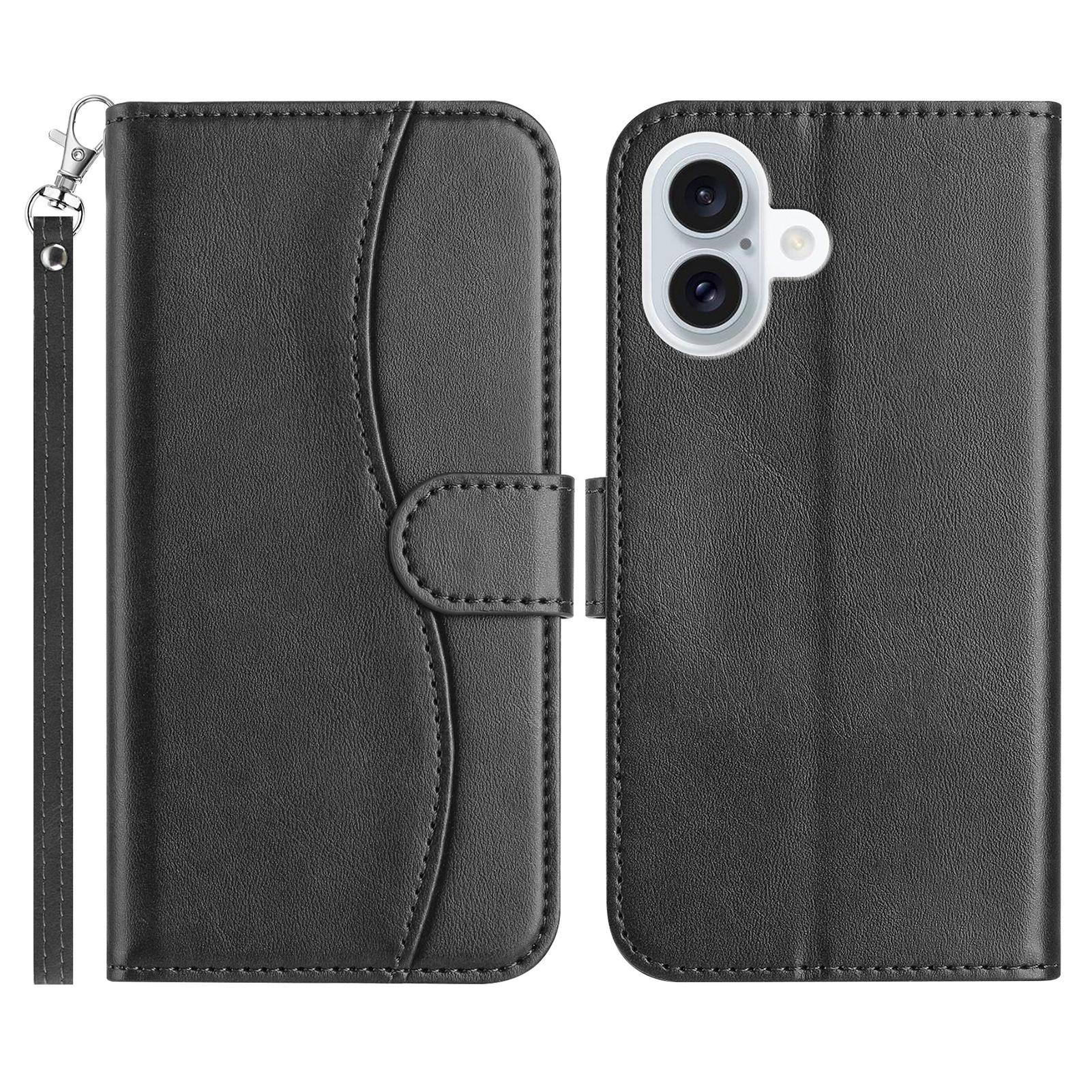 

For iPhone 16 Stand Case with Strap PU Leather Wallet Phone Cover S Shape Stitching Design Black