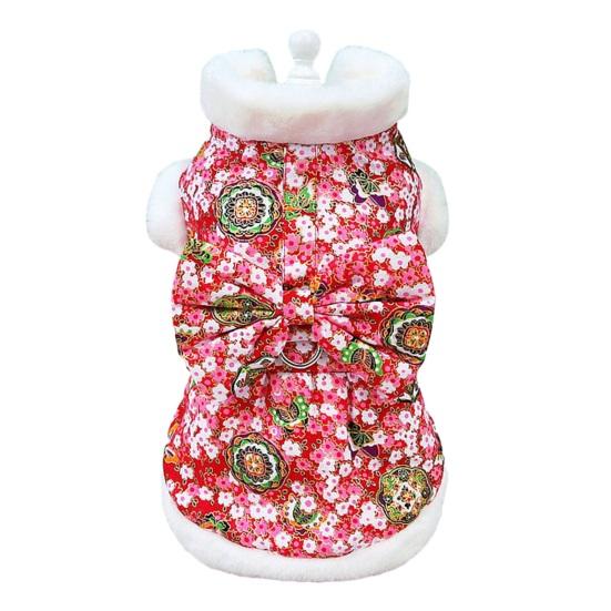 

Хлопковое пальто для домашних животных, осень-зима, китайский Новый год, цветочный принт, большой бант, белый плюшевый воротник, рукава, теплая одежда для двуногих собак, щенков, кошек, одежда S красный